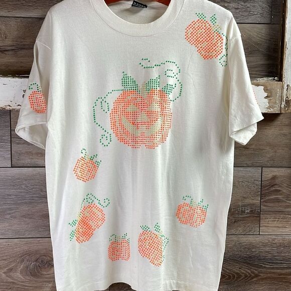 Fruit of the Loom Pumpkin Tshirt, Size Large Adult,White With Beaded Pumpkins - Picture 2 of 6